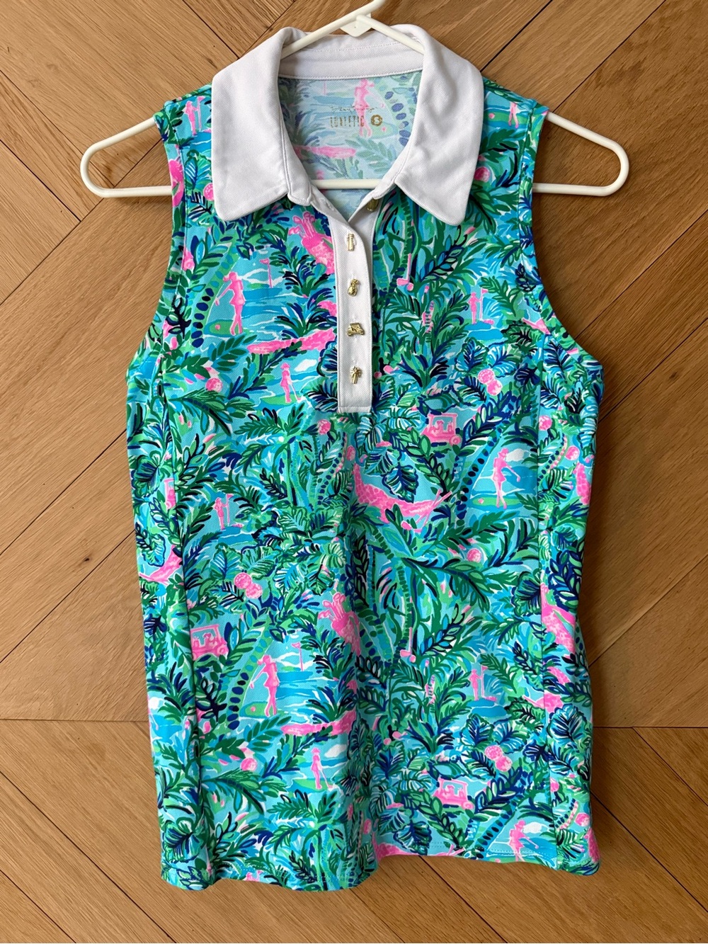 Lilly Pulitzer Sleeveless Polo Tank in Teal, Pink & White Tropical Print